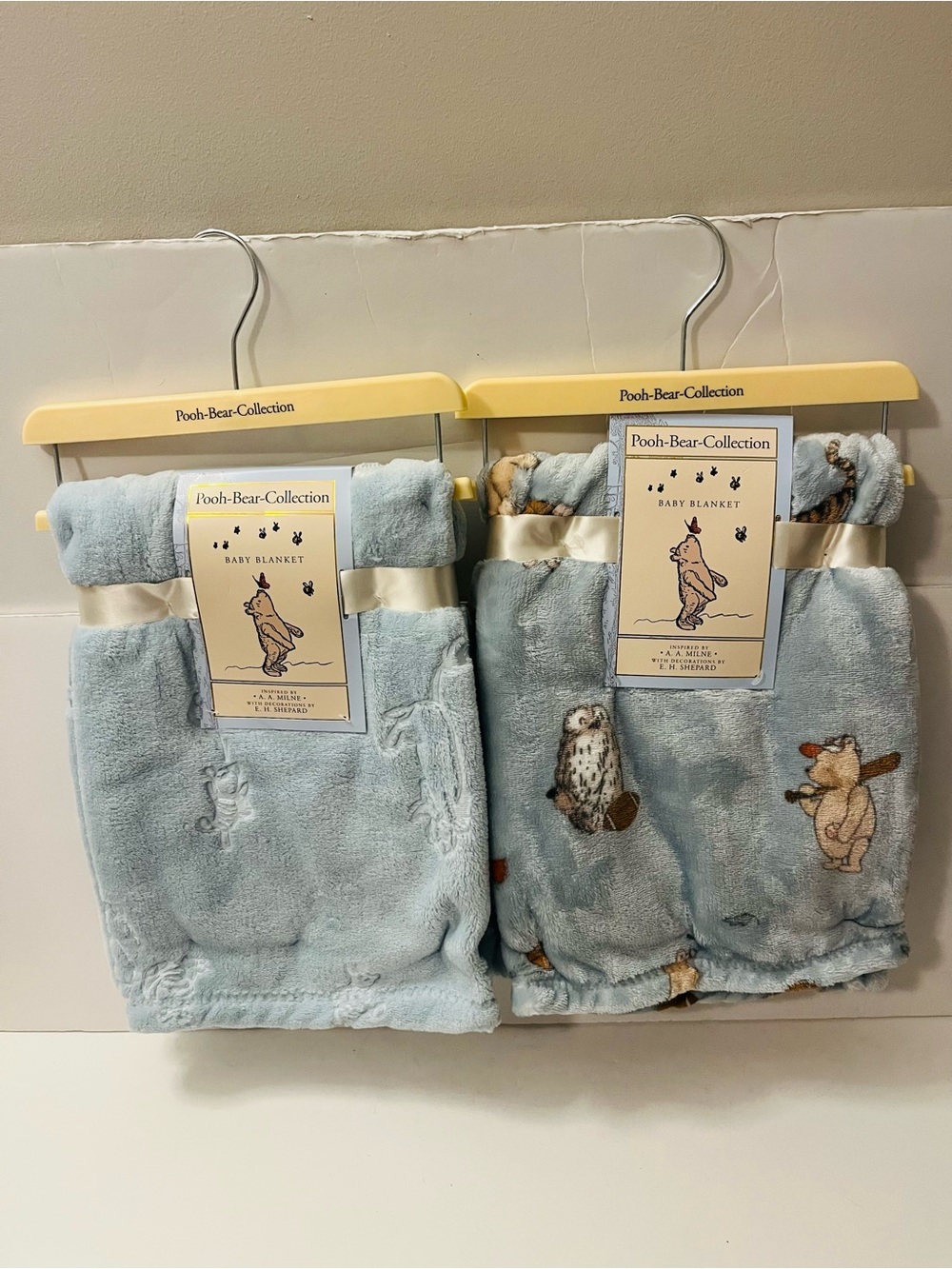 Winnie the Pooh Bear Collection Lot of 2 Blue Baby Blankets Embossed Fall Sports